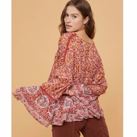 Free People Tiered Kimono Tie Front Orange Red Pattern Flowy Lightweight Blouse - Picture 3 of 14